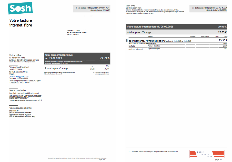 France Sosh utility bill template in Word and PDF formats, 2 pages